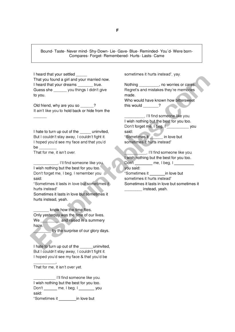 song  worksheet