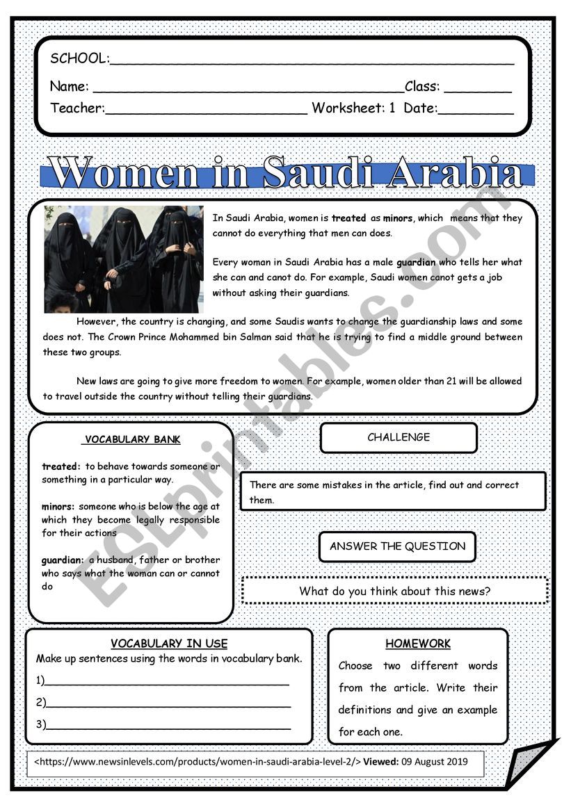 READING COMPREHENSION - WOMEN IN SAUDI ARABIA