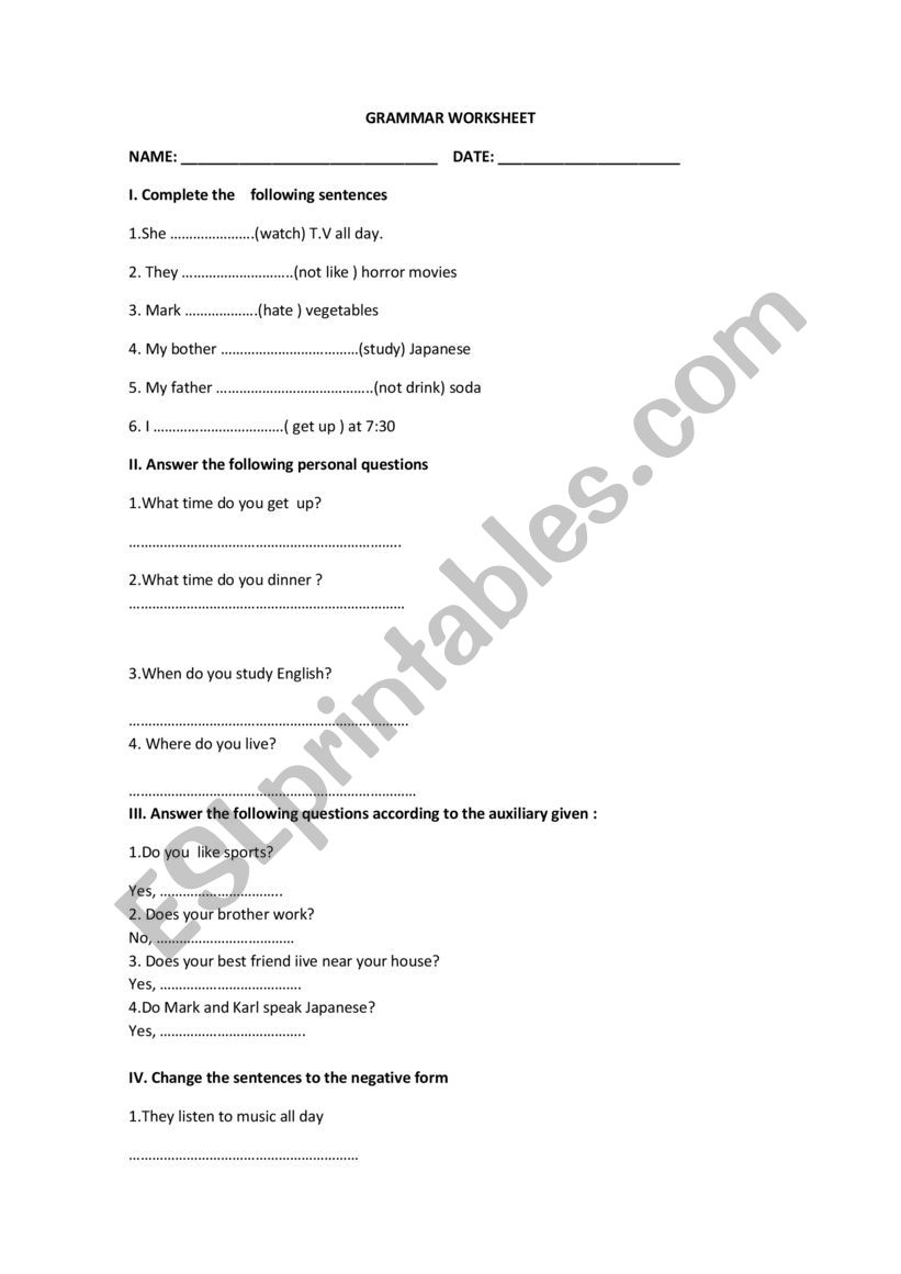 GRAMMAR WORKSHEET worksheet