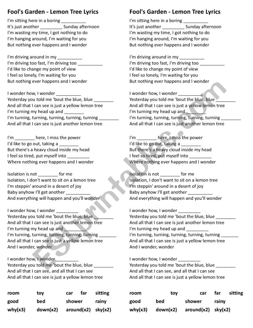 Fool S Garden Song Lyrics Listening Fill In Esl Worksheet By Gundini