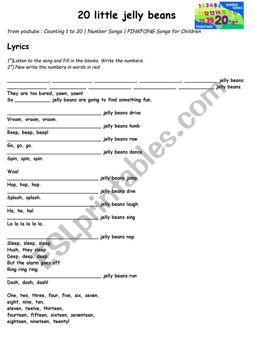 20 little jelly beans worksheet