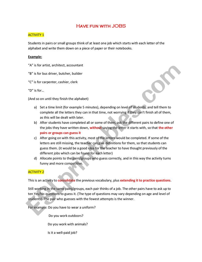 Workplace Activity worksheet