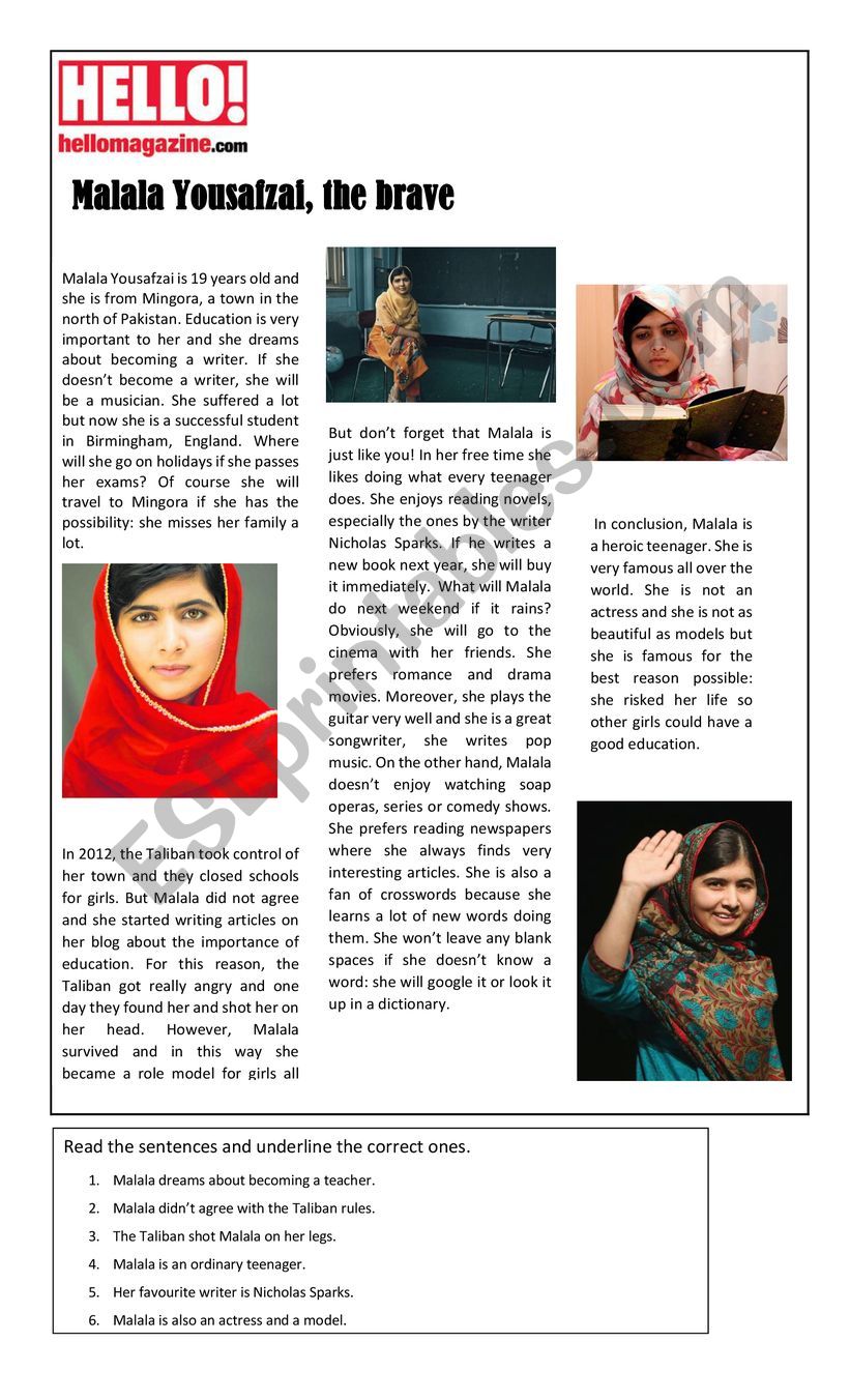 Malala Yousafzai- Reading comprehension