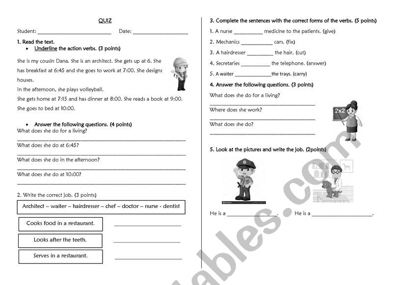 Quiz about jobs worksheet