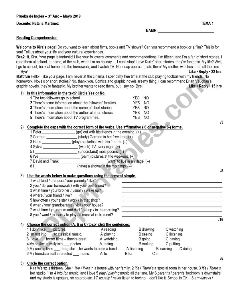 Present Simple Test worksheet