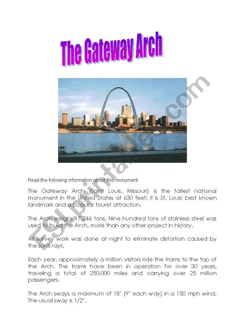 the Gateway Arch in St Louis (USA) - ESL worksheet by panaf