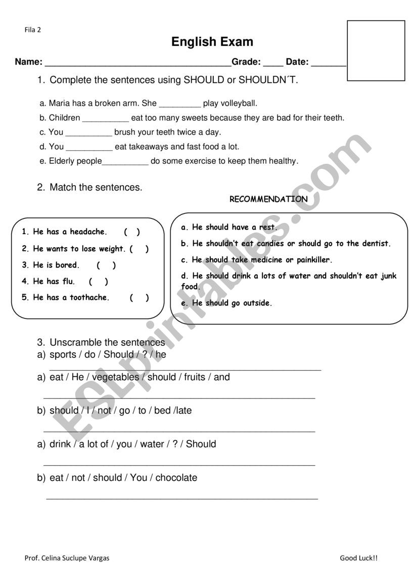 English exam about Should worksheet