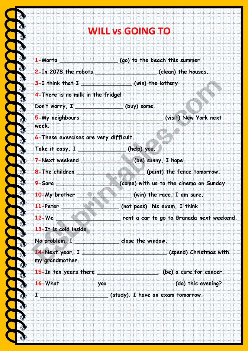 WILL vs GOING TO worksheet