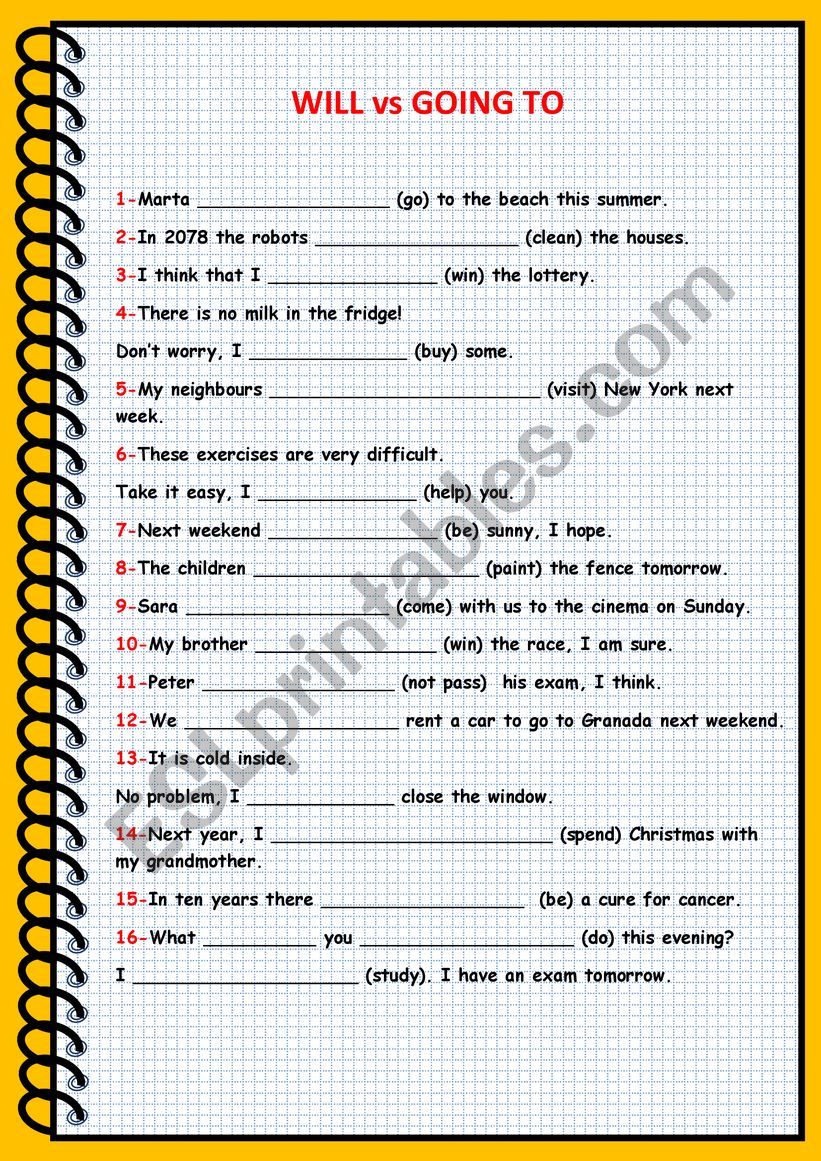 WILL vs GOING TO worksheet