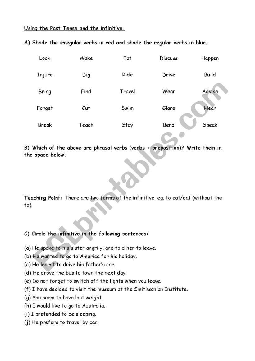 The past tense and infinitive worksheet