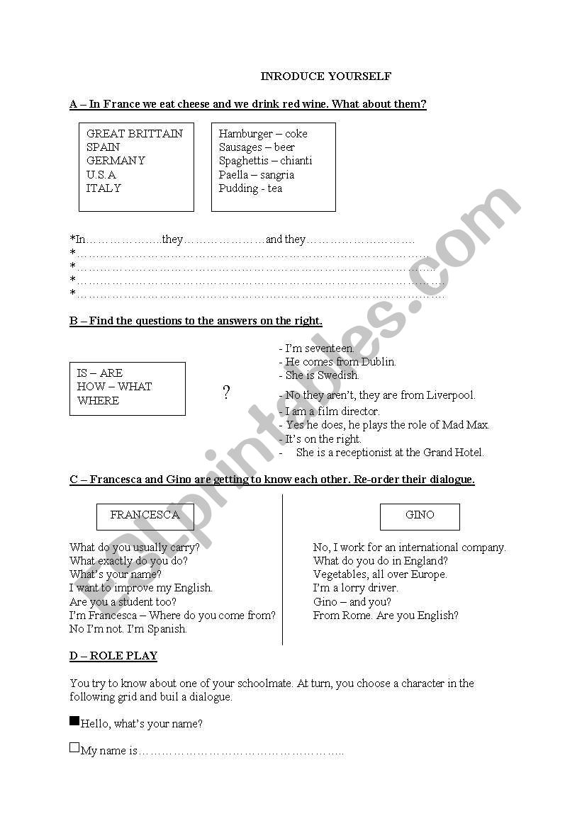 INTRODUCE YOURSELF worksheet