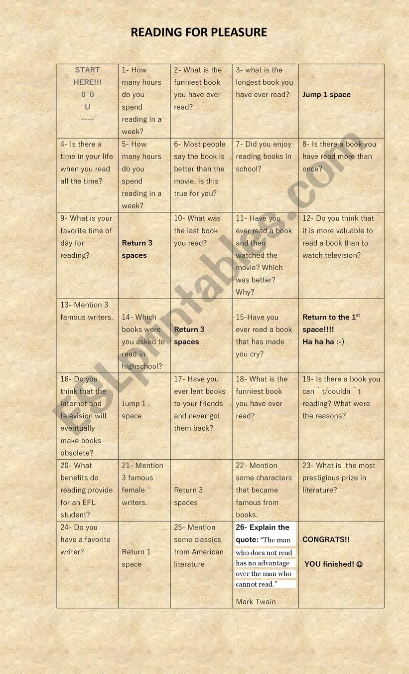 Reading for pleasure worksheet