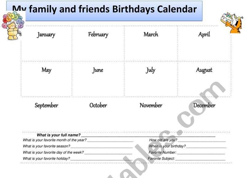 calendar worksheet esl