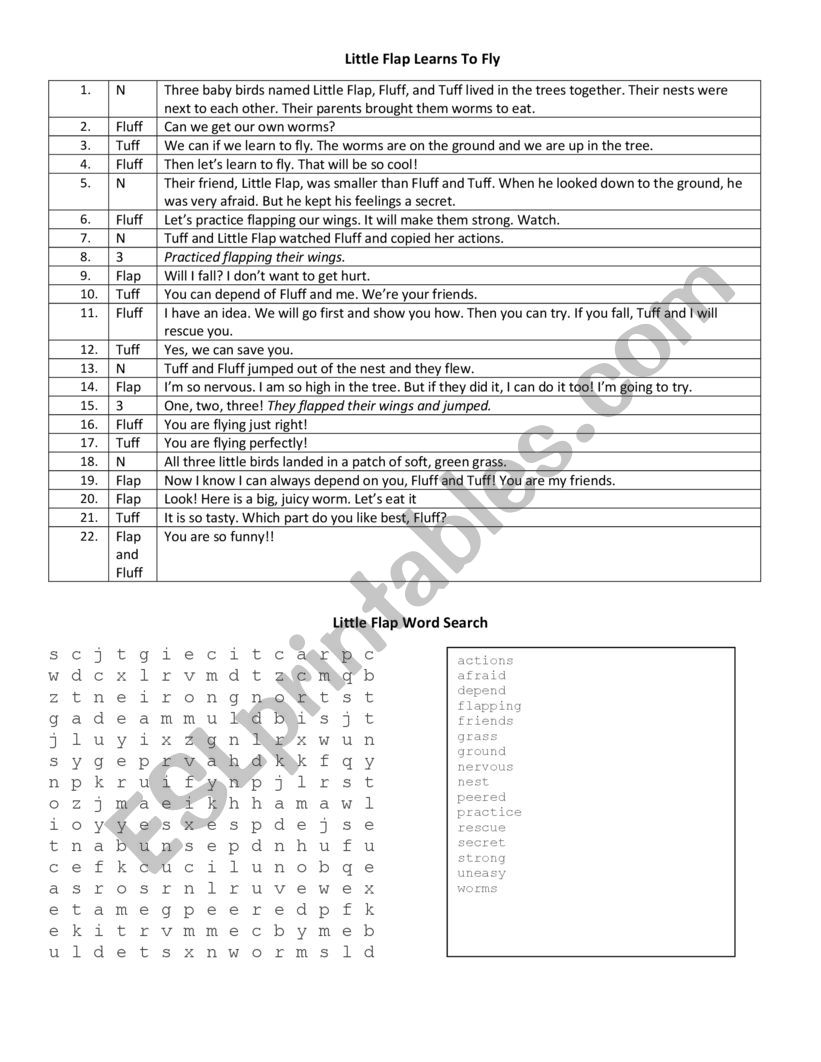 Little Flap Learns To Fly worksheet