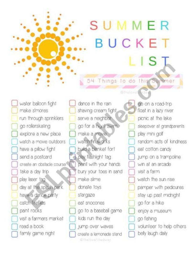 summer bucket list worksheet