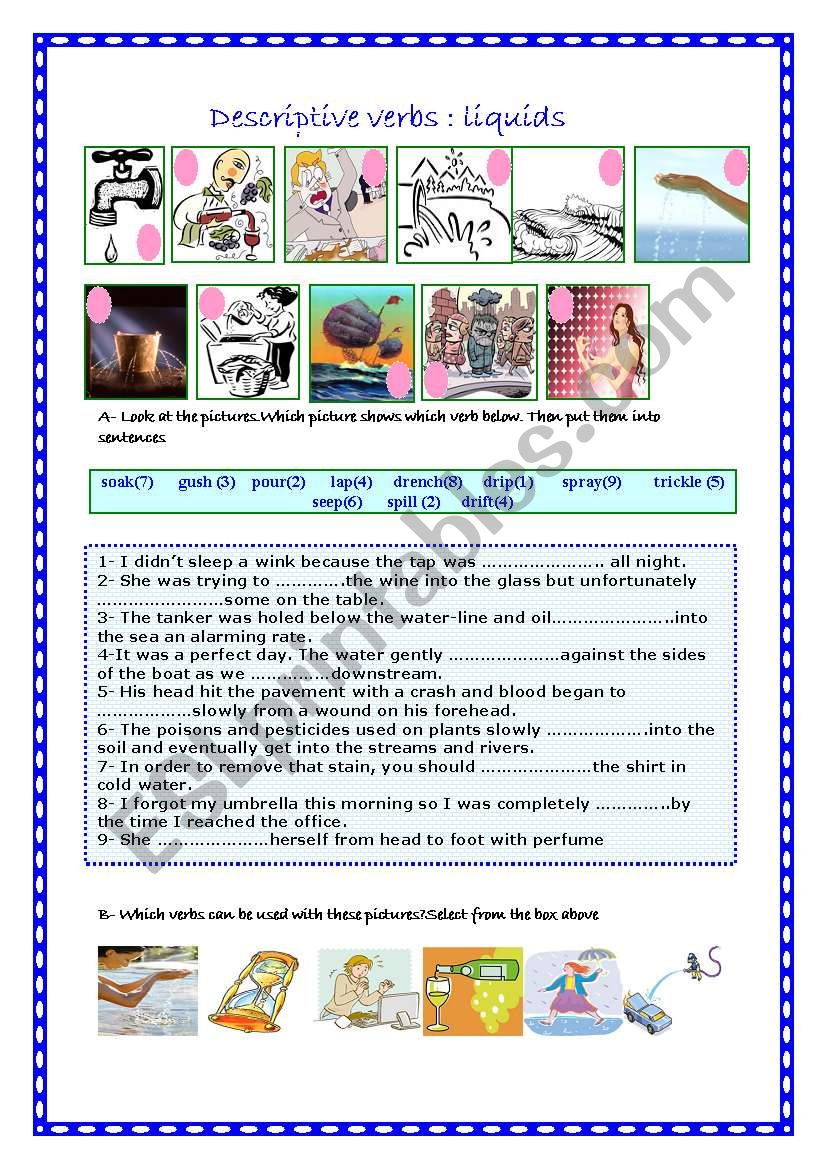 Descriptive verbs:liquids worksheet