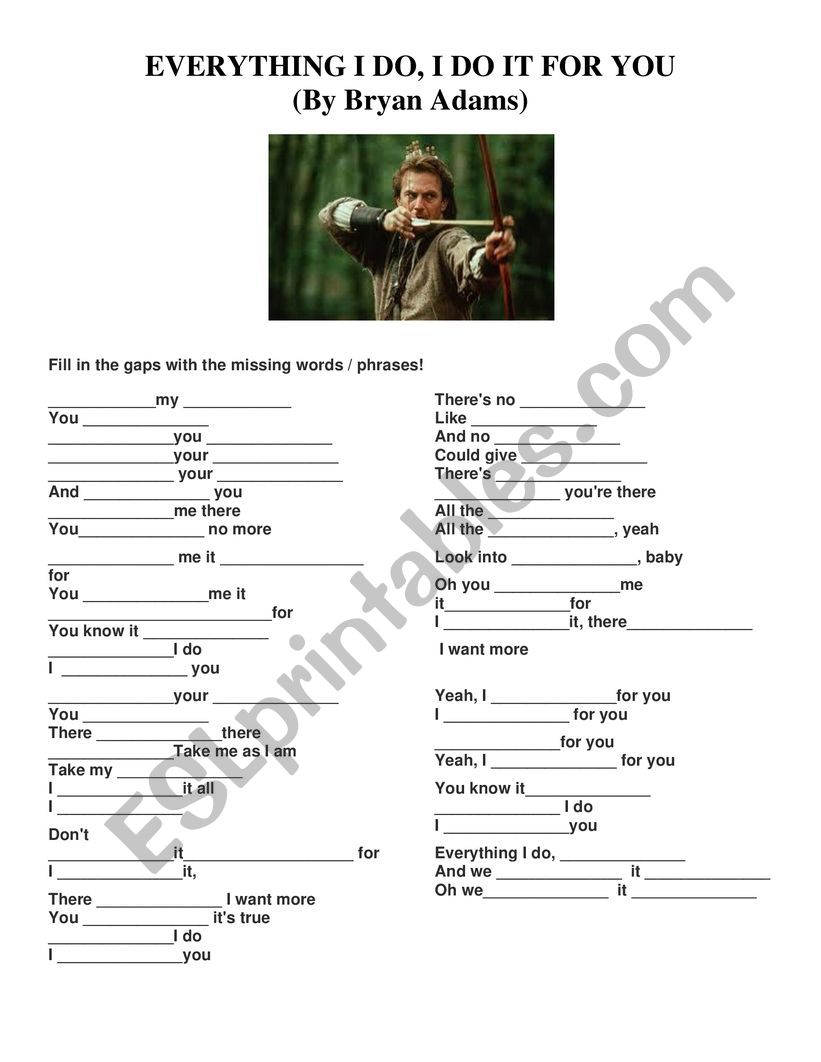 Bryan Adams: Everything I do worksheet : B2 / C1 