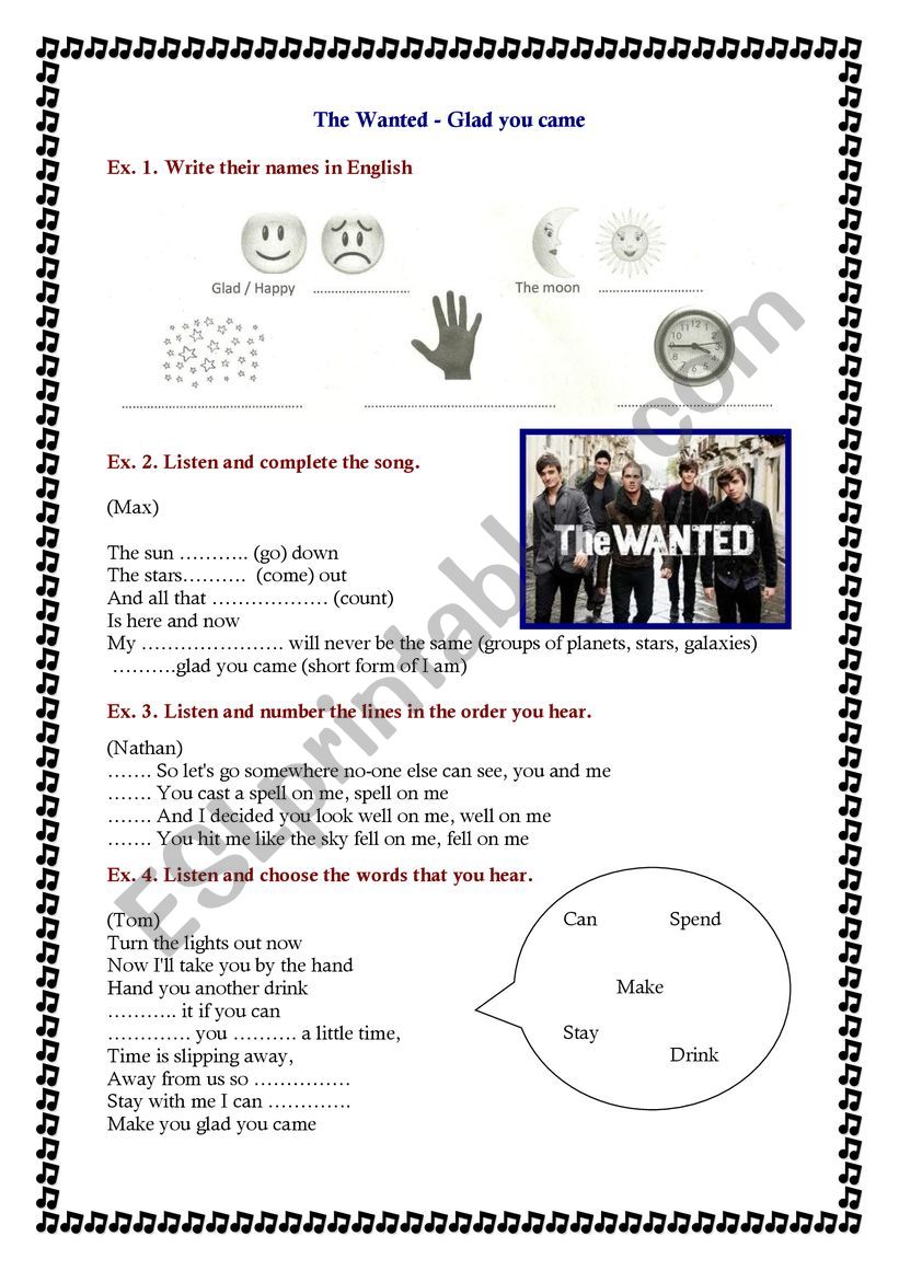 the wanted - Glad you came worksheet