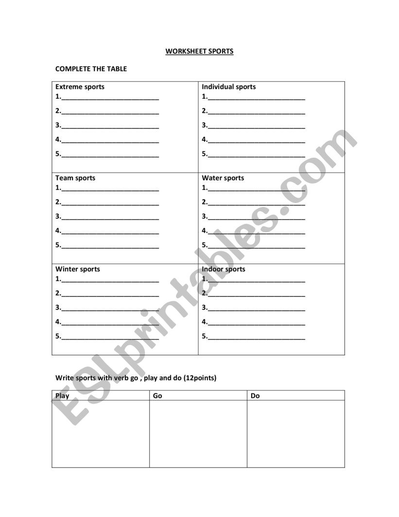 sports  worksheet