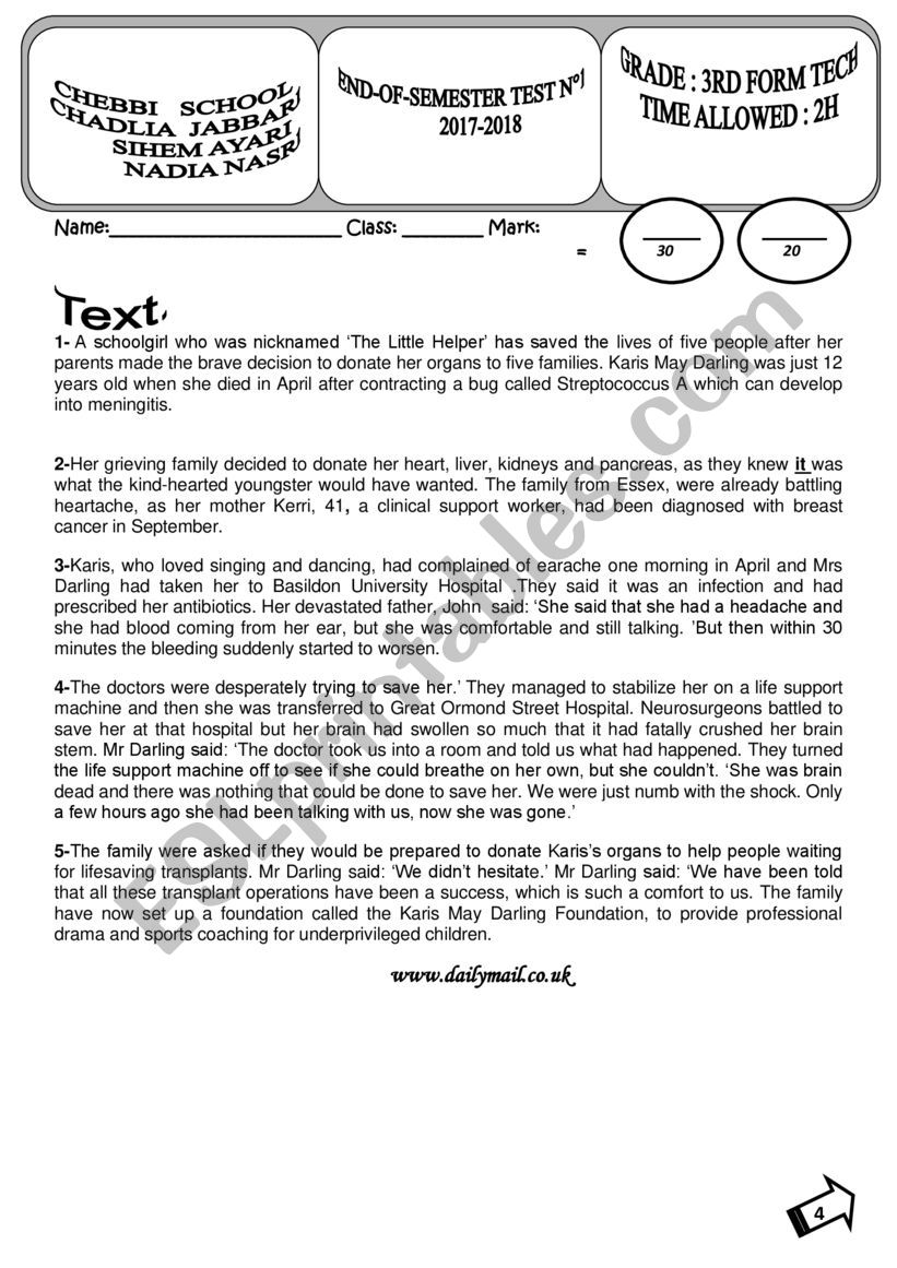 3rd end of semester test N°2 worksheet