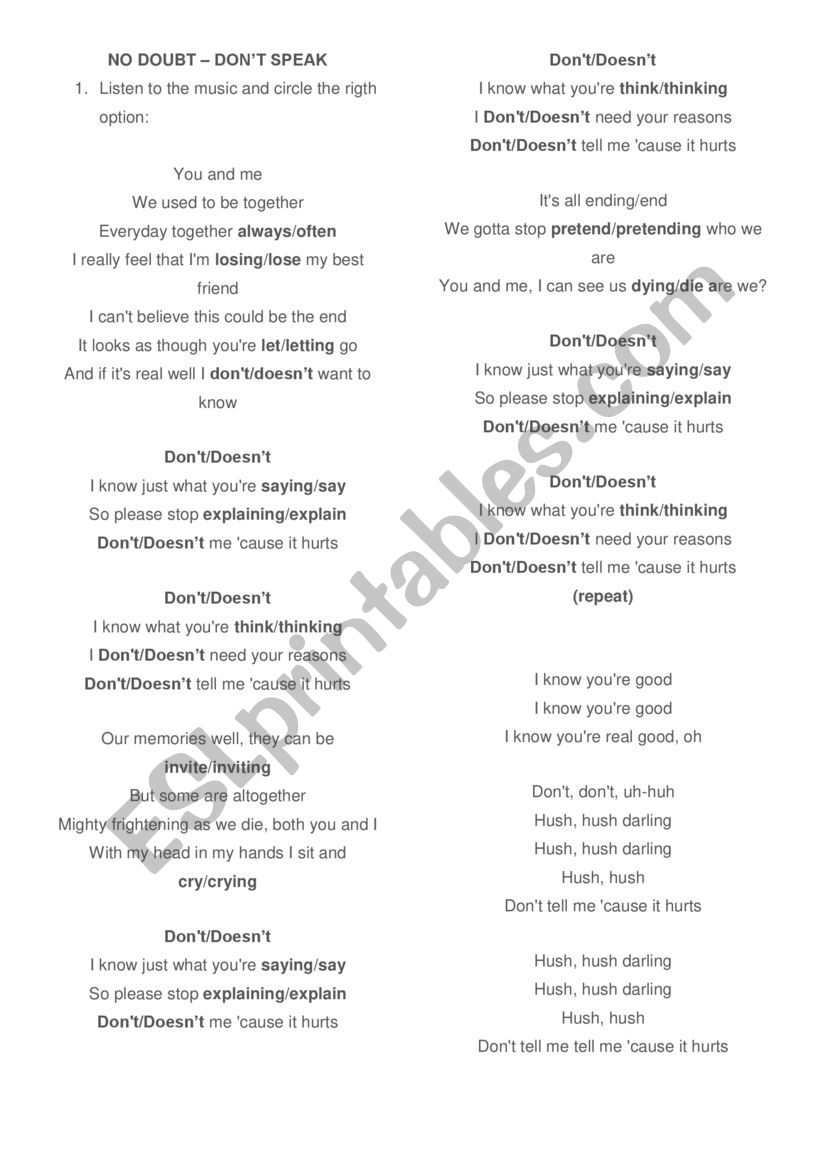 No Doubt - Don´t Speak (present continuous) - ESL worksheet by natyyvidizz