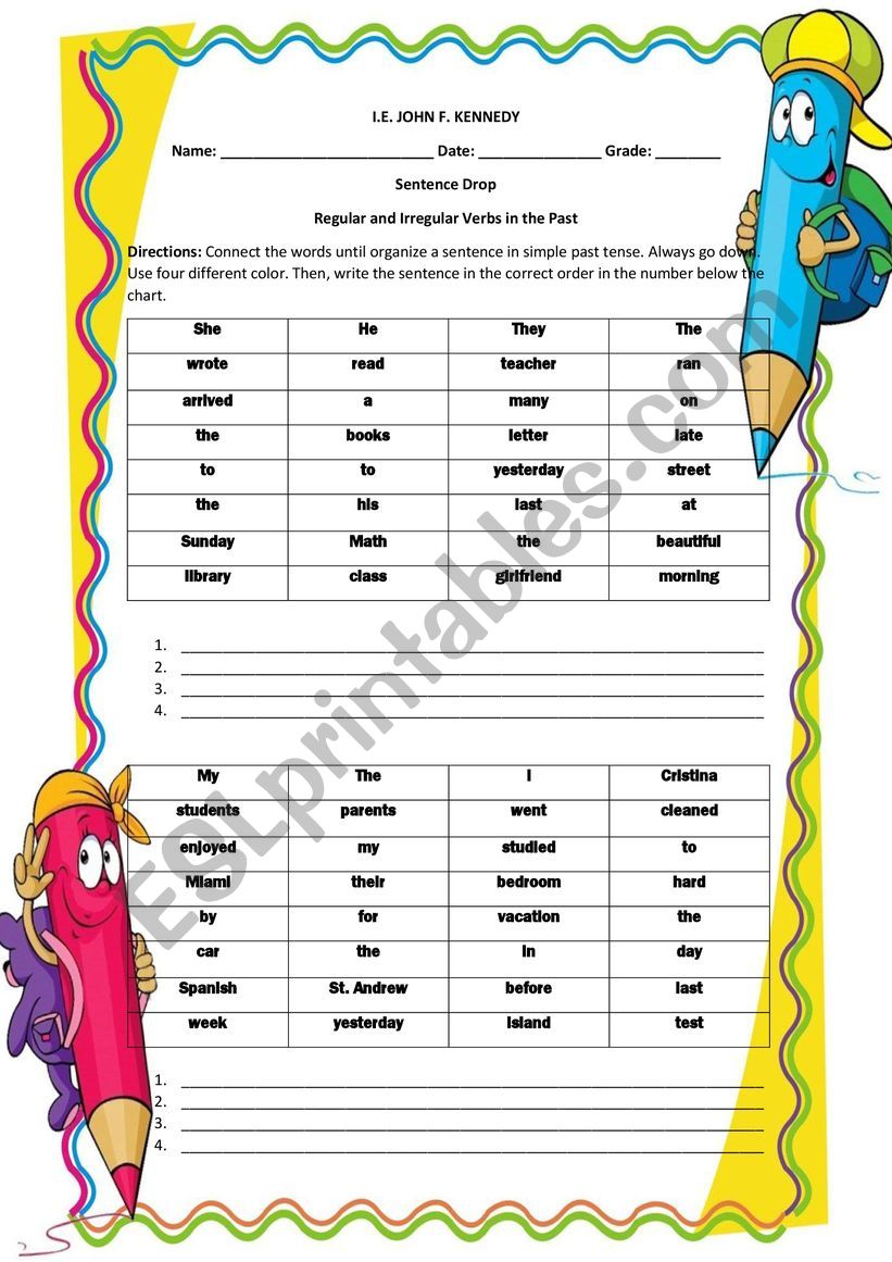 Sentence Drop Regular and Irregular Verbs in the Past