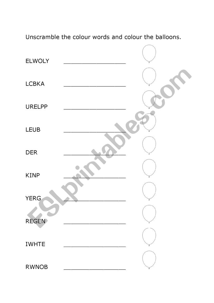 Unscramble the colour words, then colour the balloons