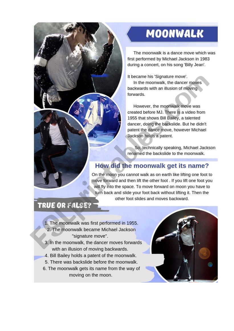 Michael Jackson Moonwalk worksheet