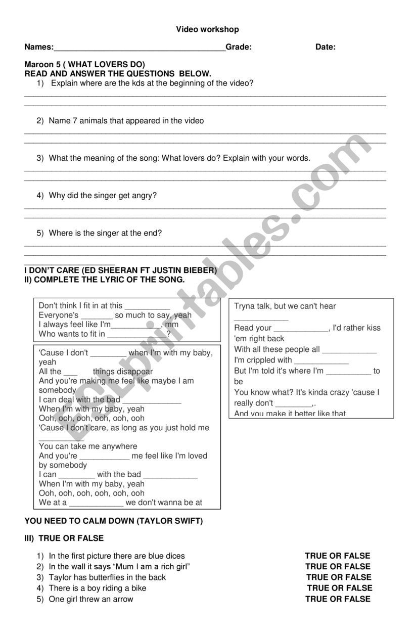 video song worksheet worksheet