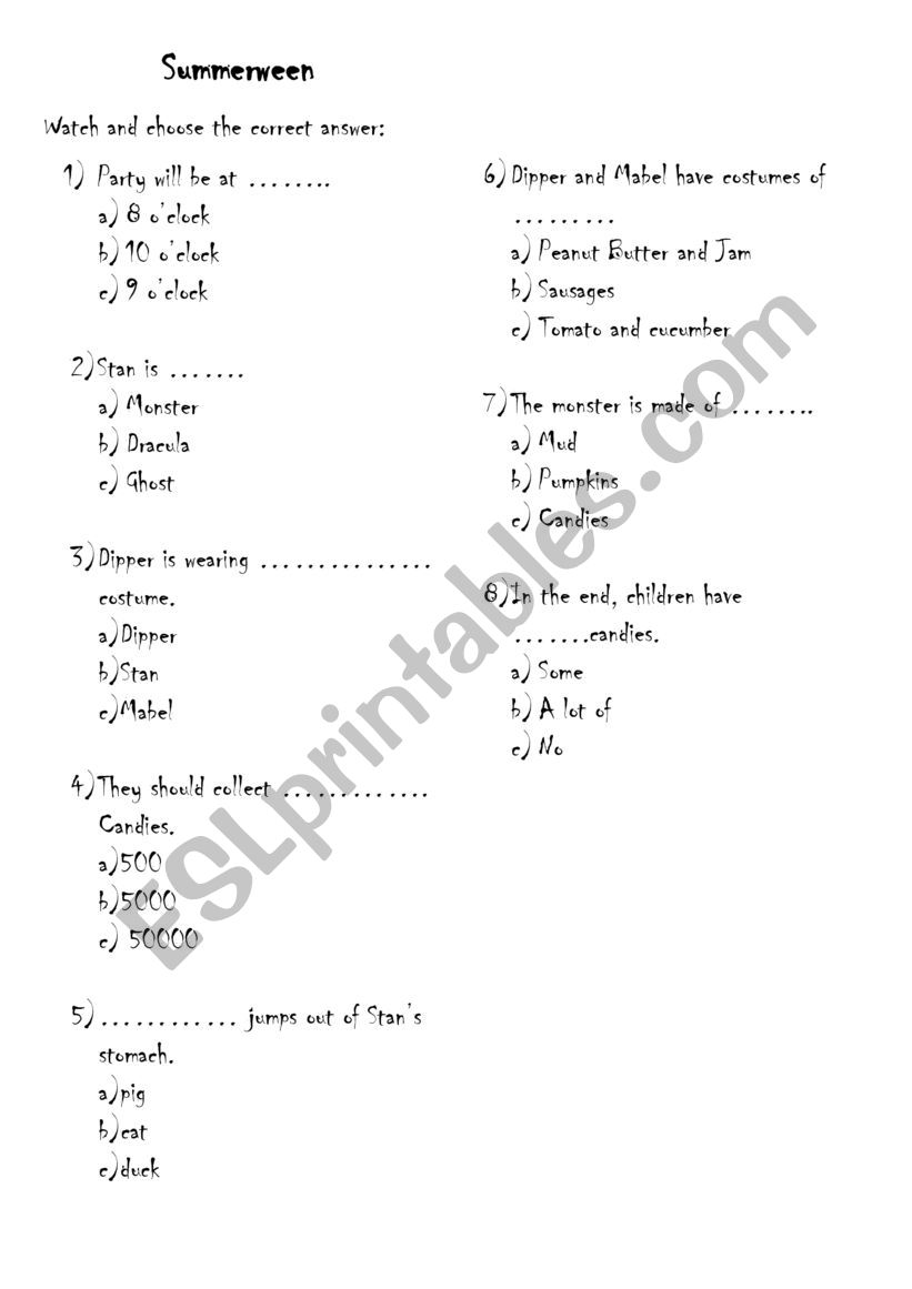 Worksheet for summerween  worksheet