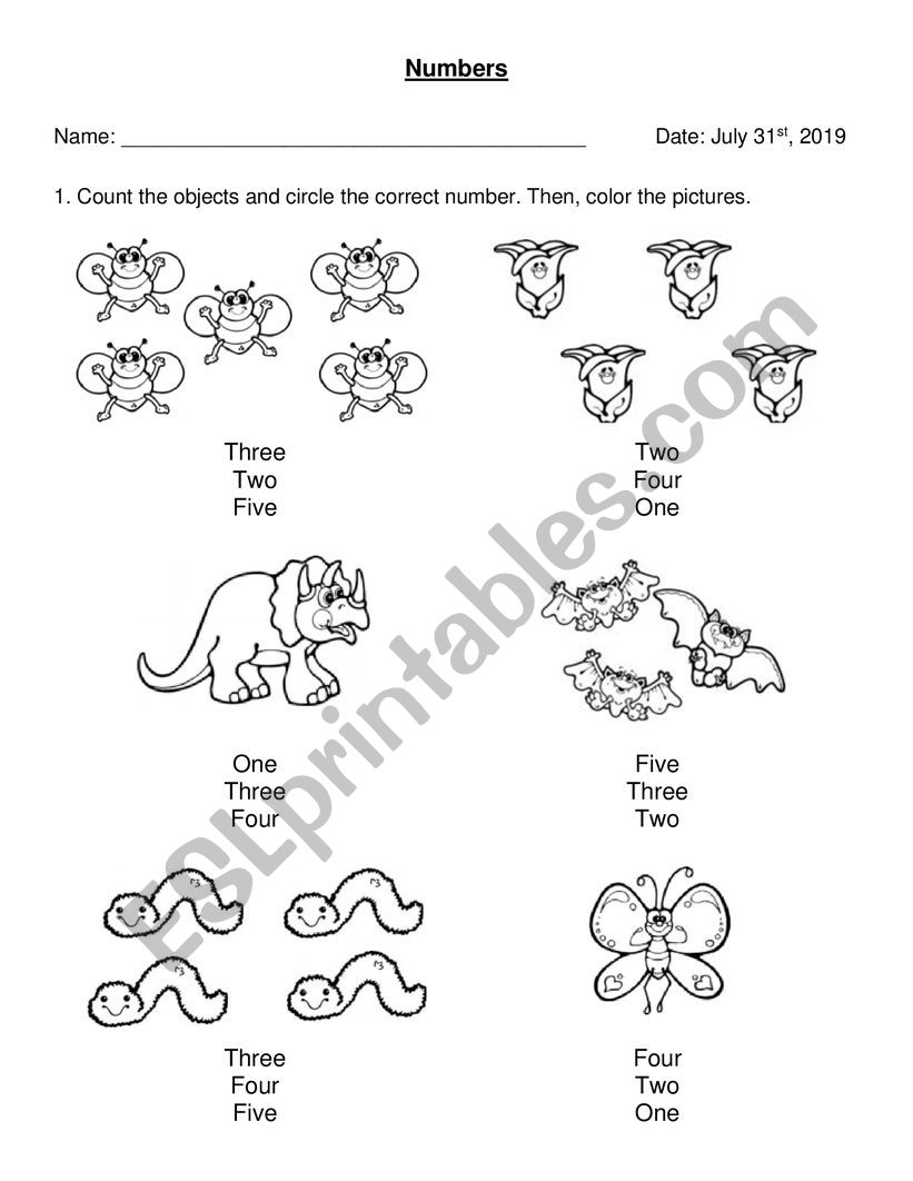 Numbers 1 to 5 worksheet