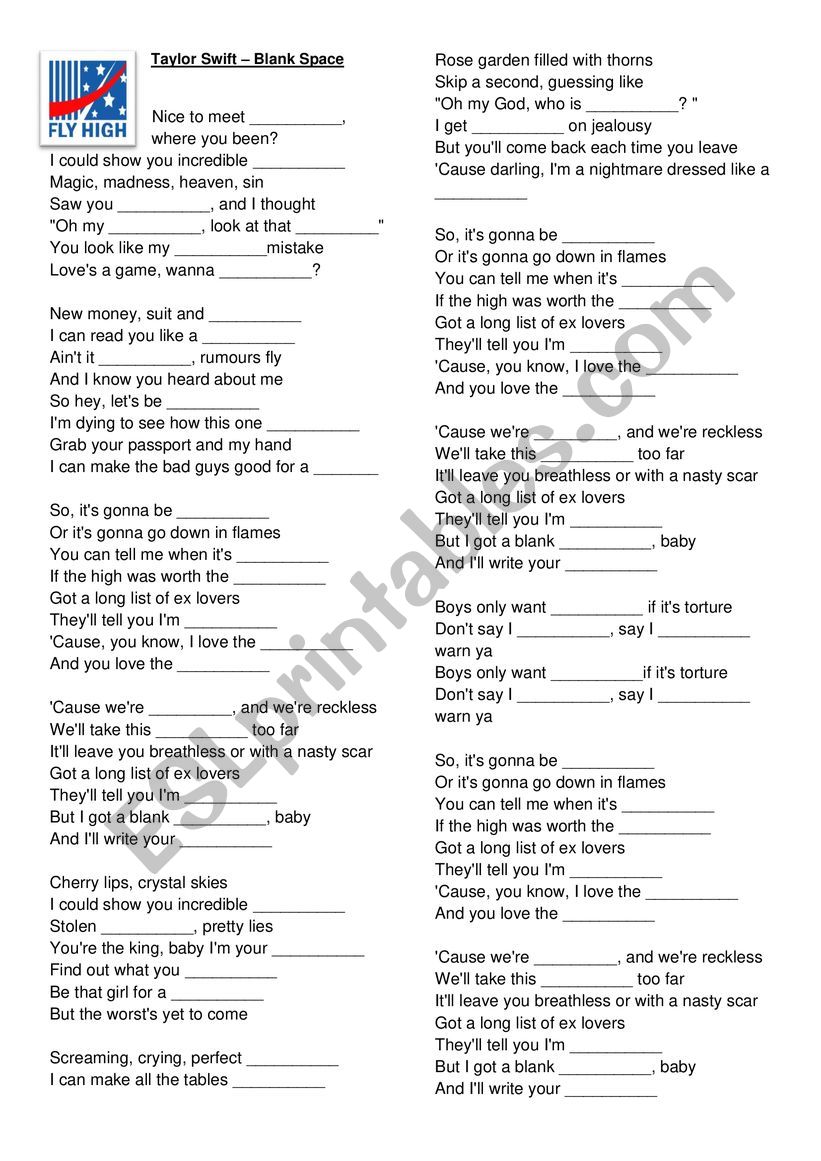 Blank Space by Taylor Swift worksheet