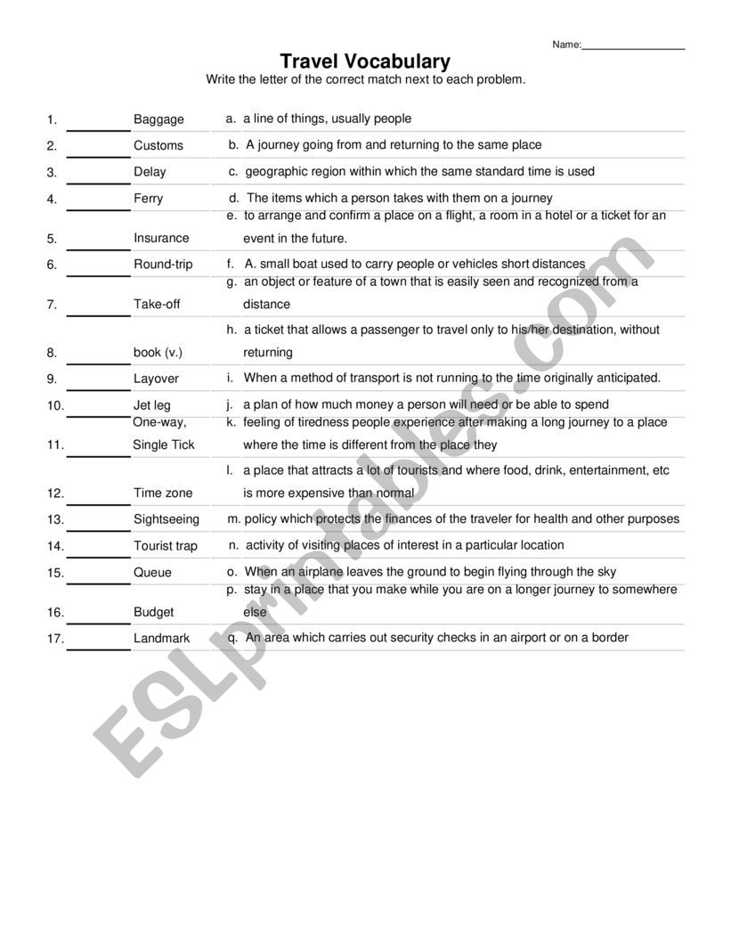 Travel Vocabulary match up worksheet