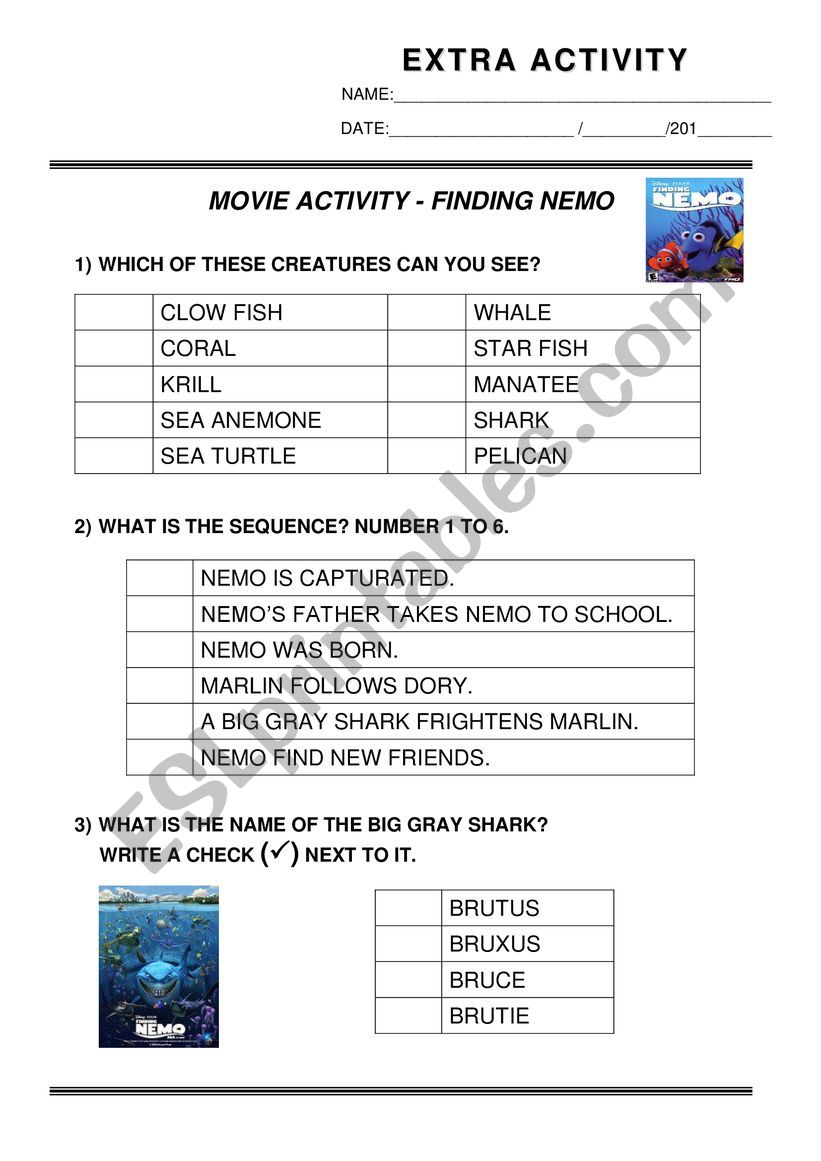 Video Activity - Finding Nemo - While watching