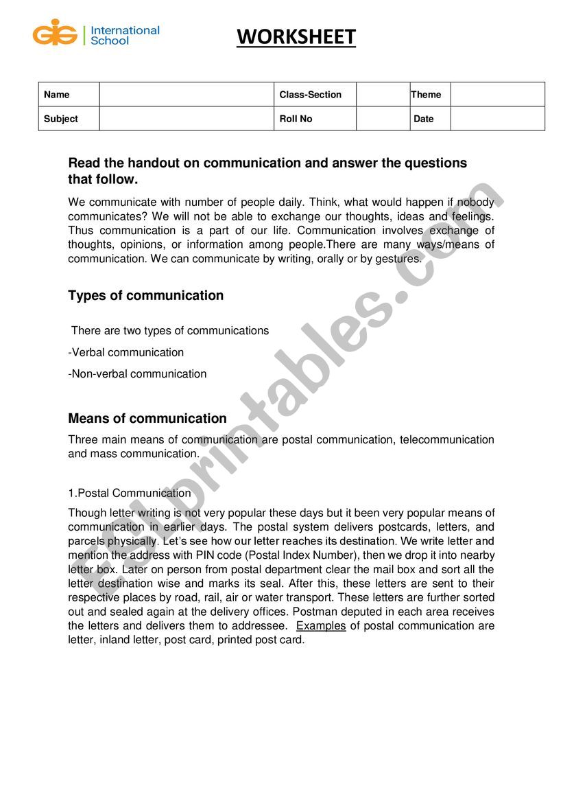 Handouts on communication worksheet