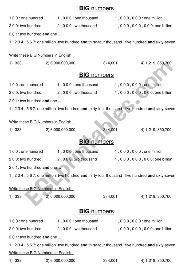 BIG NUMBERS worksheet