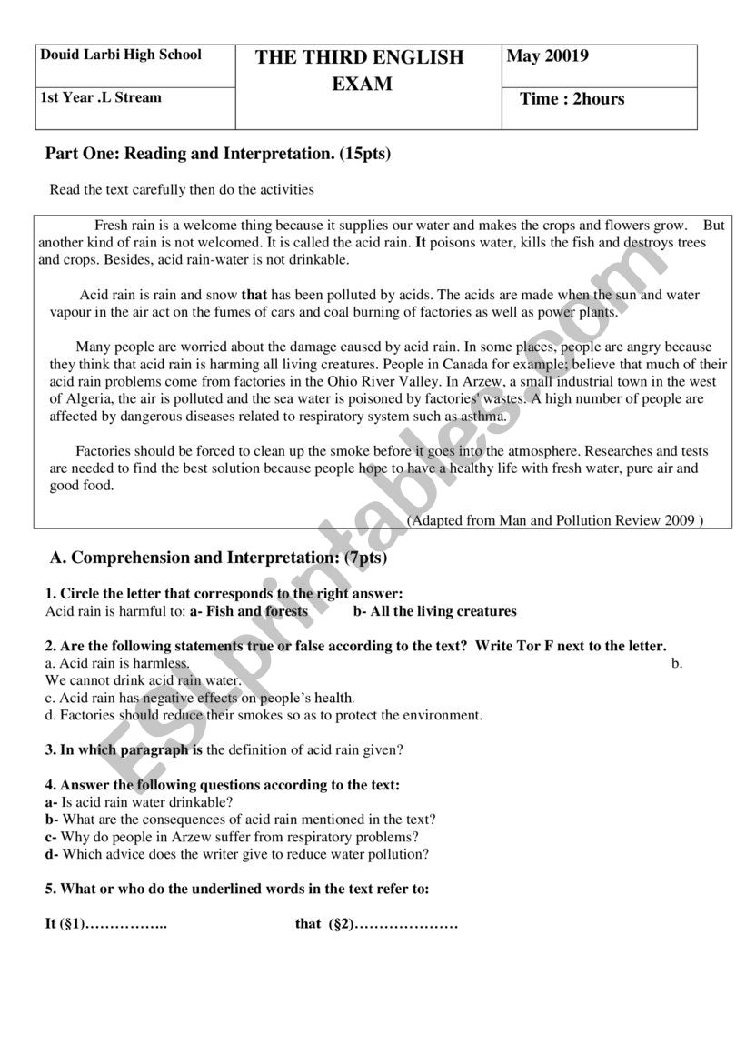 Acide rain worksheet