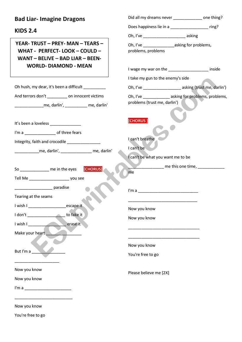 BAD LIAR SONG worksheet