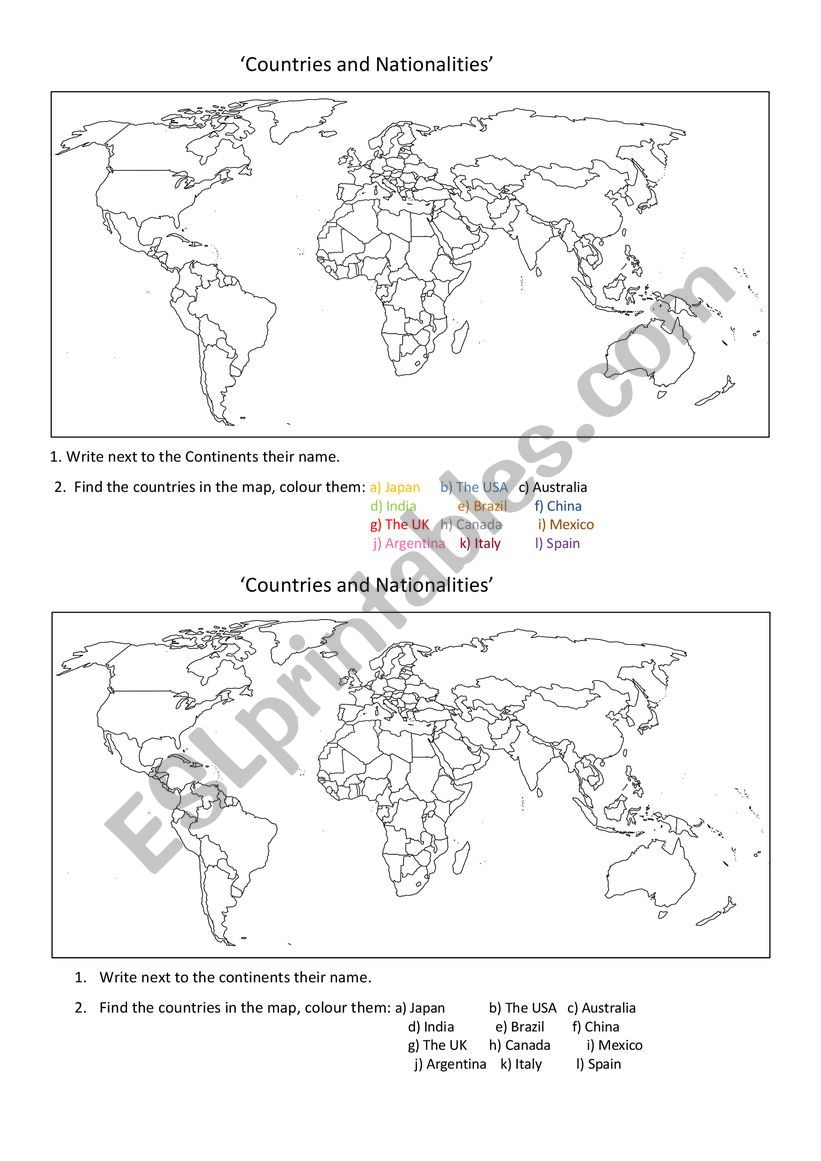 Countries and nationalities worksheet