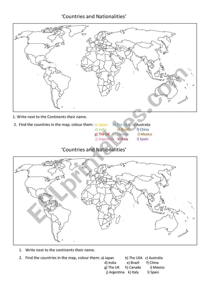 Countries and nationalities worksheet