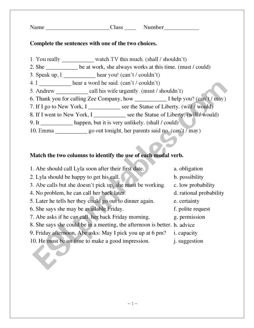 Modal Verbs Exercise worksheet