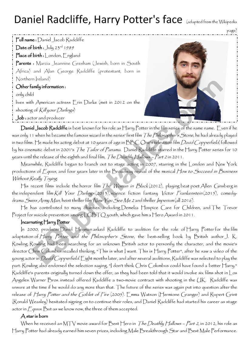 Daniel Radcliffe worksheet