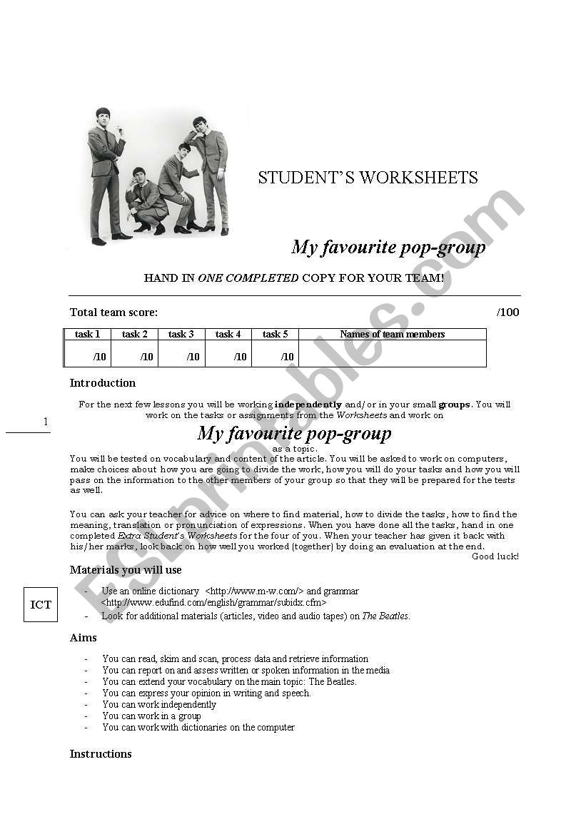 My favourite popgroup  worksheet