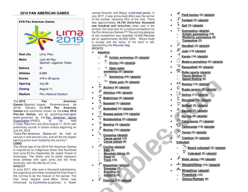 Pan American games worksheet