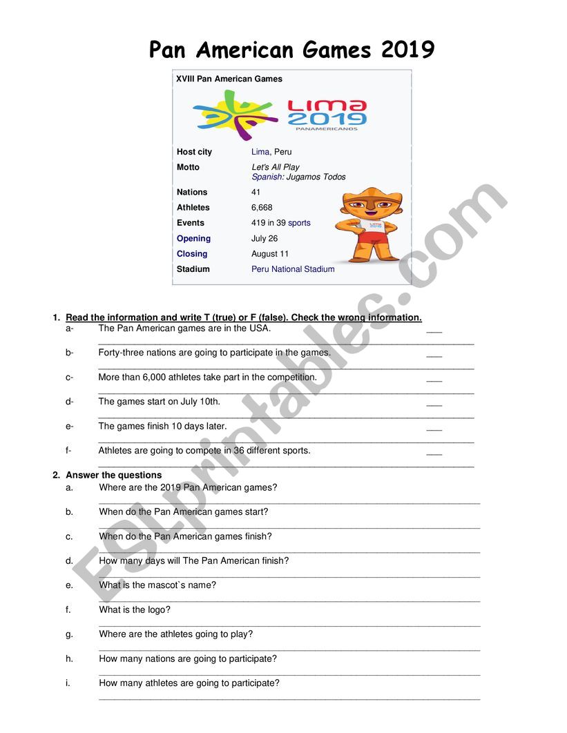 Pan American games worksheet