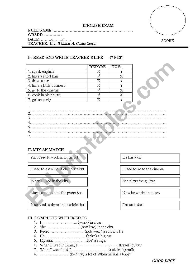 used to - english exam worksheet