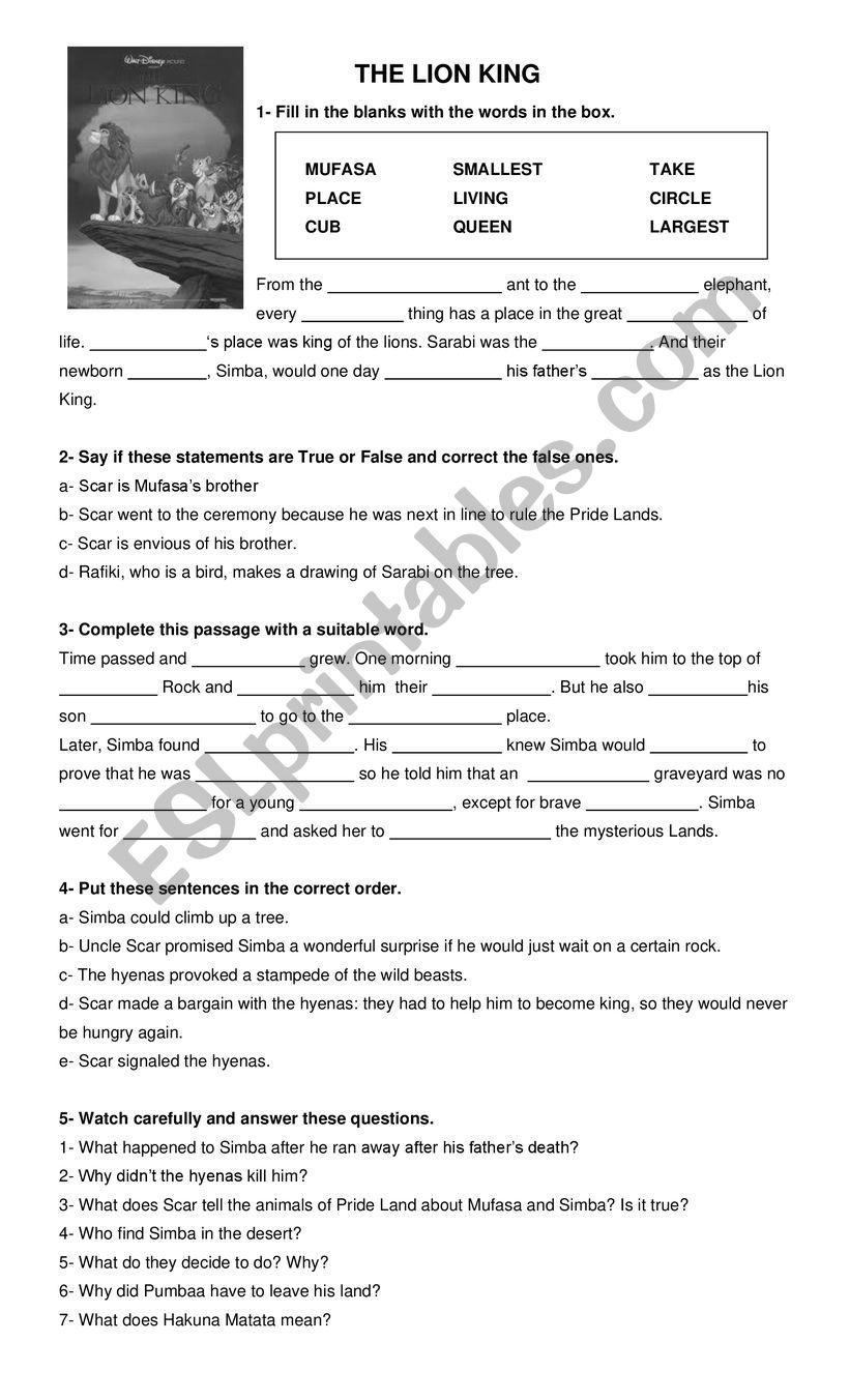 The Lion King - Handout worksheet