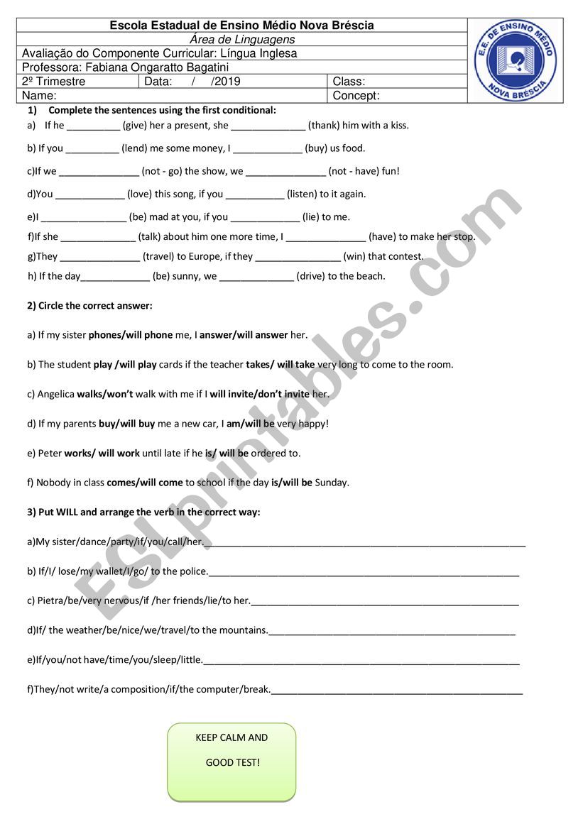 Test First conditional worksheet