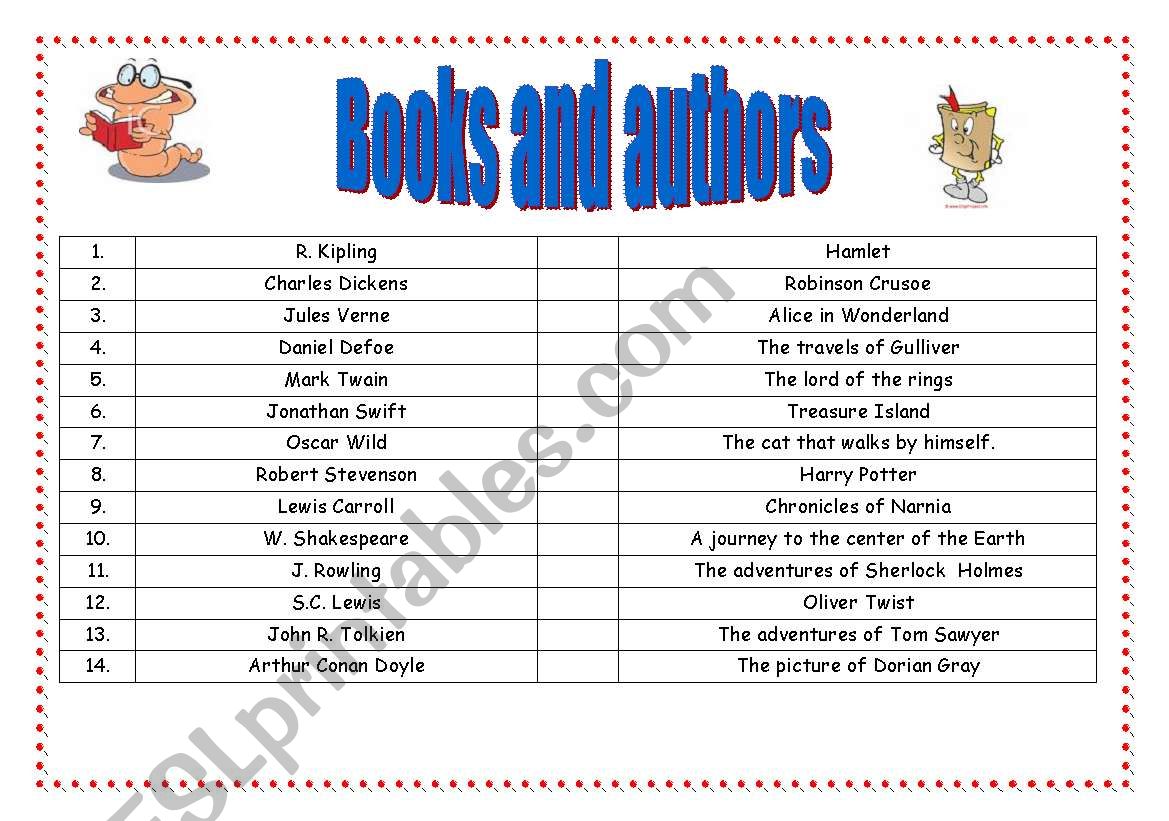 Books and authors worksheet
