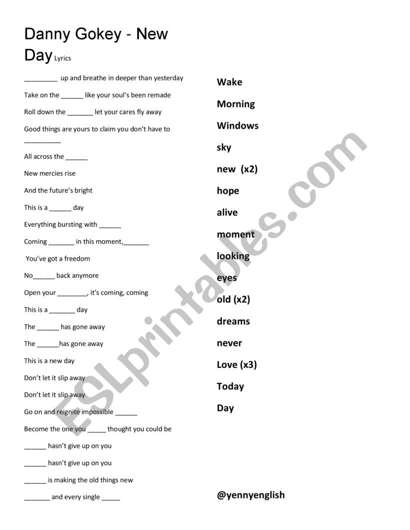 Danny Gokey - New Day Lyrics worksheet